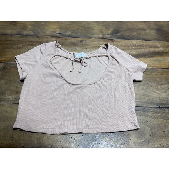 Lovers + Friends Revolve Tan Ribbed Crop Baby Tee Tie Front Size Small - Picture 1 of 8